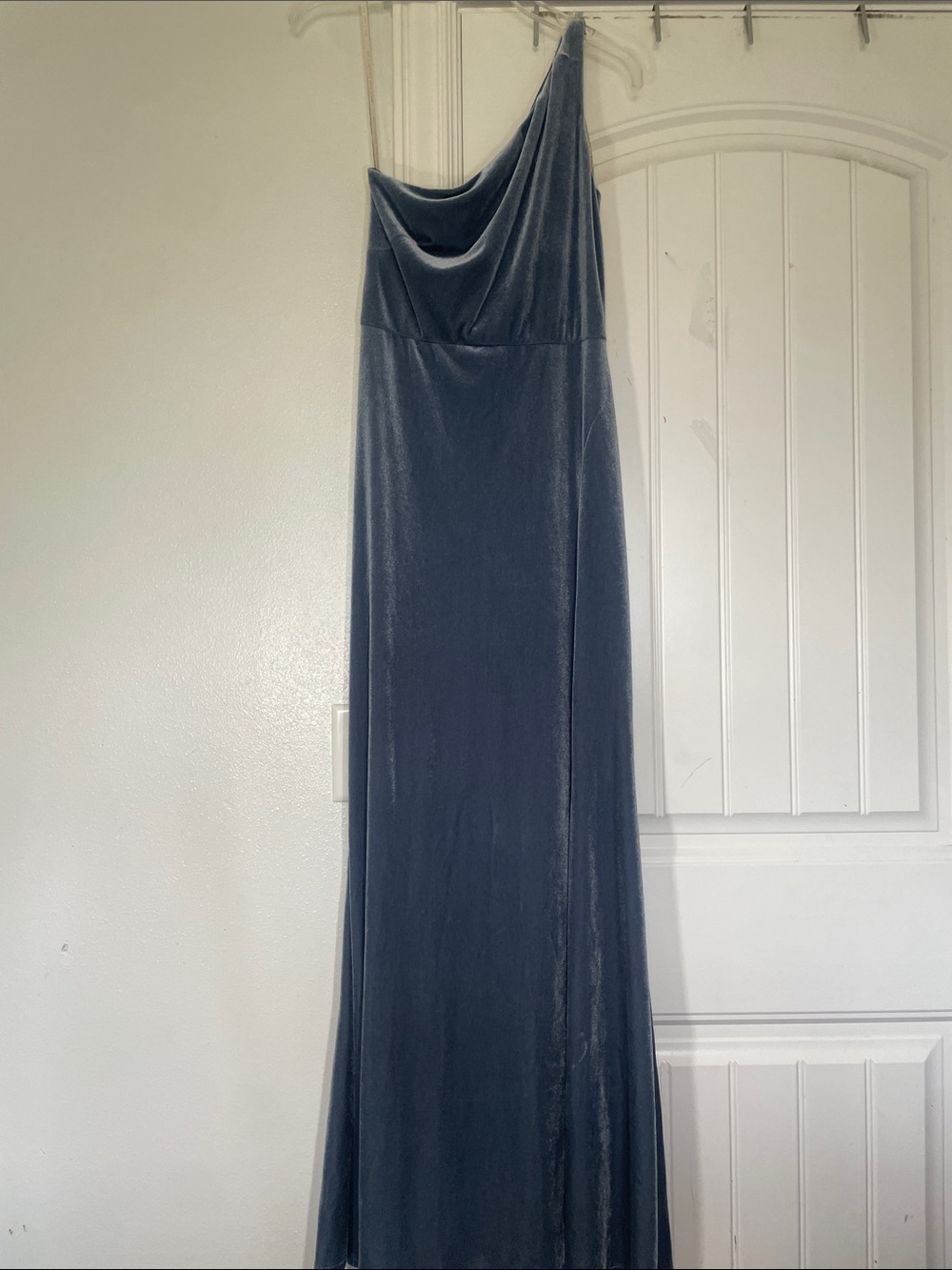 Jenny Yoo Slate Blue One-Shoulder Velvet Maxi Skirt